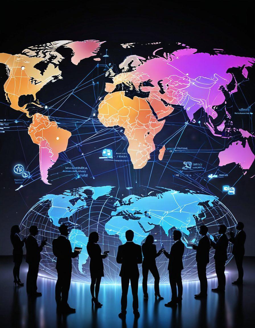 A diverse group of people from different cultures, connected by glowing lines forming a world map, with computers and mobile devices showcasing global web connections and success symbols. The backdrop features a digital globe with a holographic interface. super-realistic. vibrant colors.