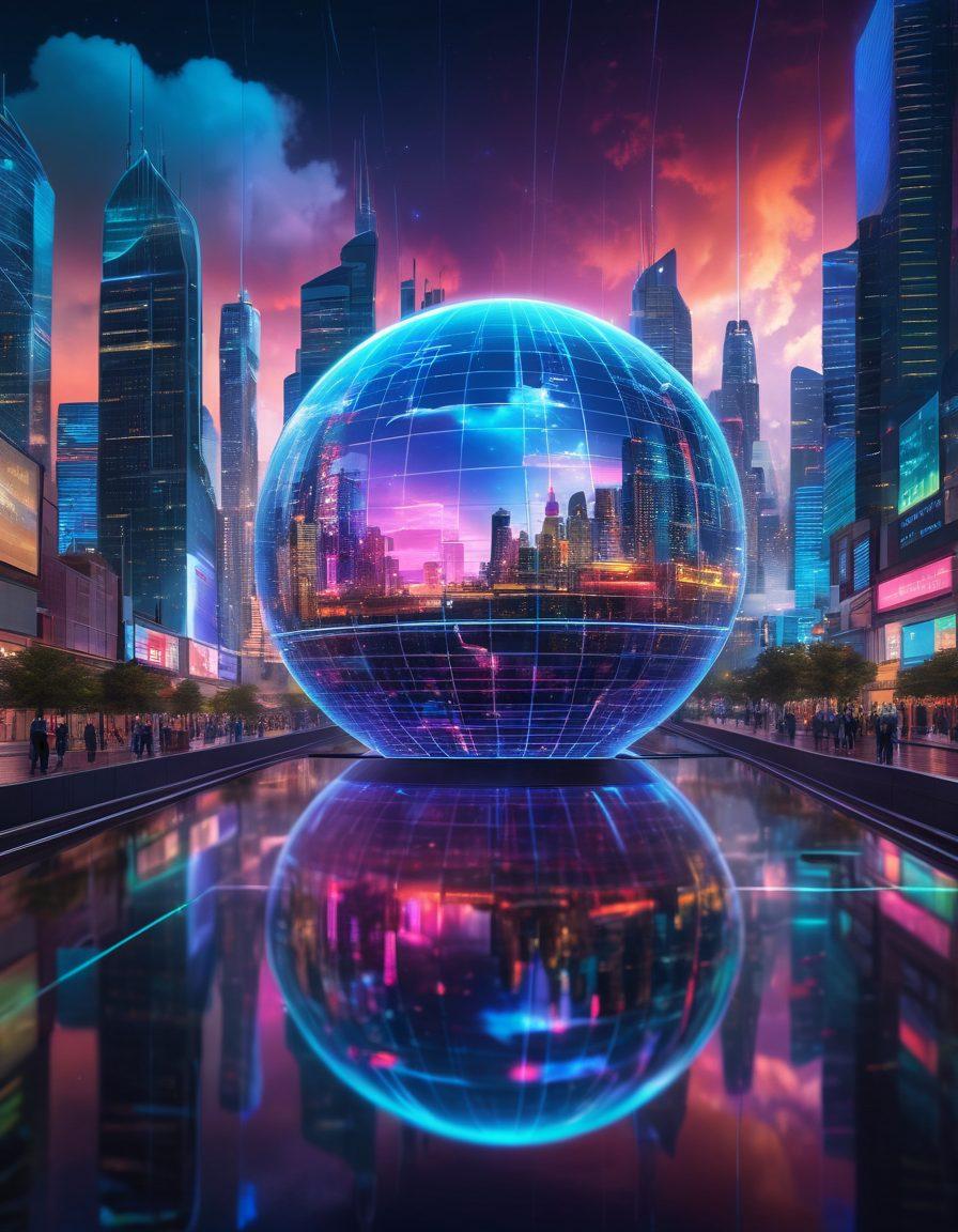 A sleek, futuristic city skyline intertwined with holographic digital interfaces, showcasing dynamic data streams and interconnected devices. The central focus is a glowing globe with circuitry patterns, representing global connectivity. People using high-tech gadgets like AR glasses and smartphones populate the scene. The background features neon lights and a digital matrix cloudscape. super-realistic. vibrant colors. futuristic style.