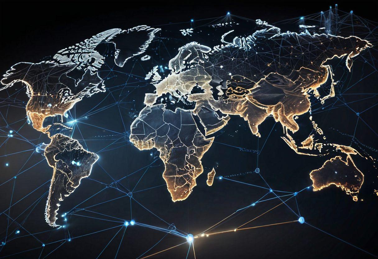 A futuristic global map illuminated with interconnected web-like nodes representing innovative digital connections. Highlight diverse cultural landmarks symbolizing global reach, with modern web design elements overlaying the image. Include sleek, minimalistic devices like laptops and smartphones showcasing cutting-edge web interfaces. vibrant colors. super-realistic. tech-savvy aesthetic.